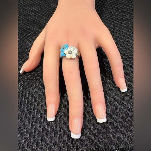 Artisan Sterling Silver Mother-of-Pearl & Turquoise Flower Statement Ring Size 8 - Picture 8 of 13